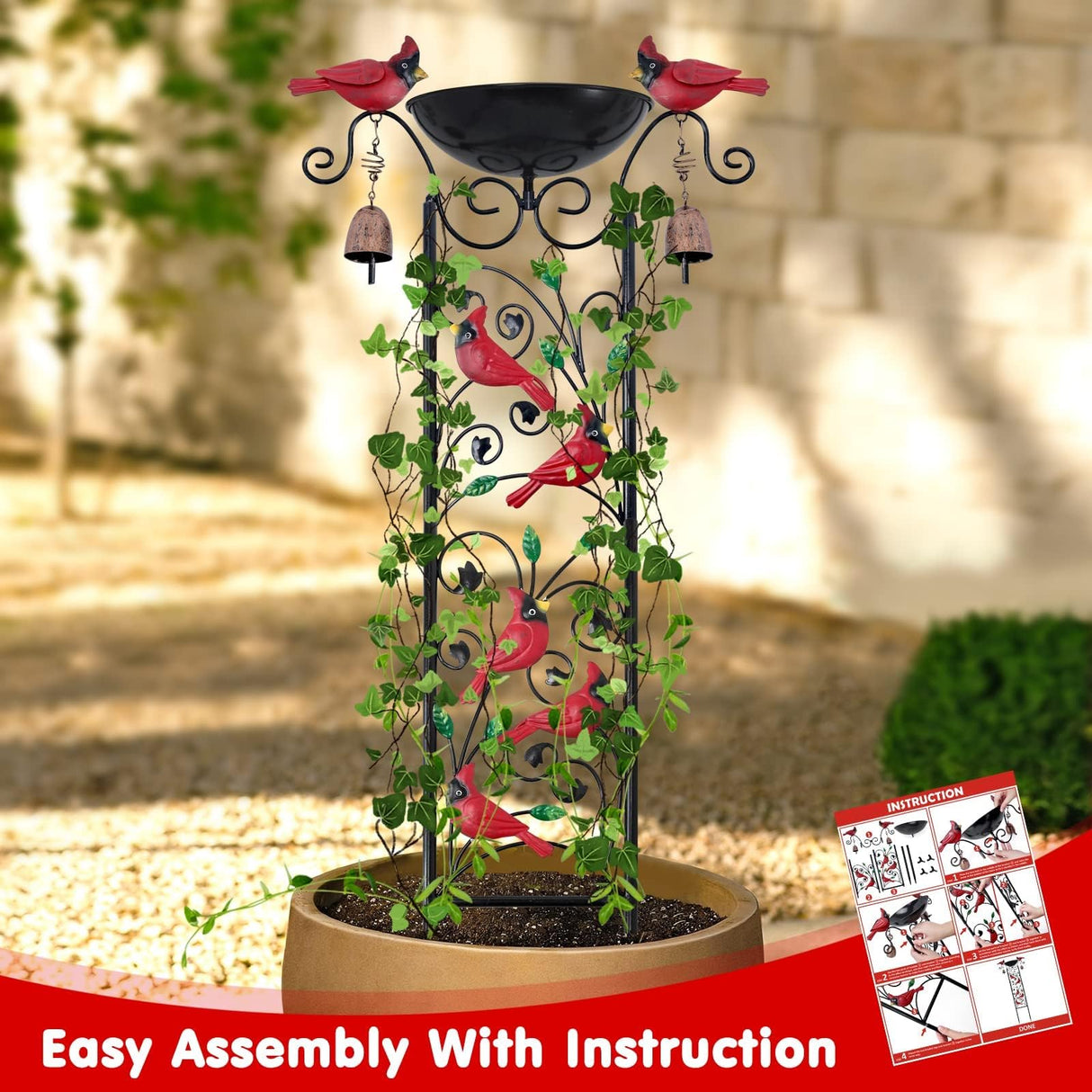 Cardinal Bird Garden Trellis with Wind Chime, Outdoor Yard Decor