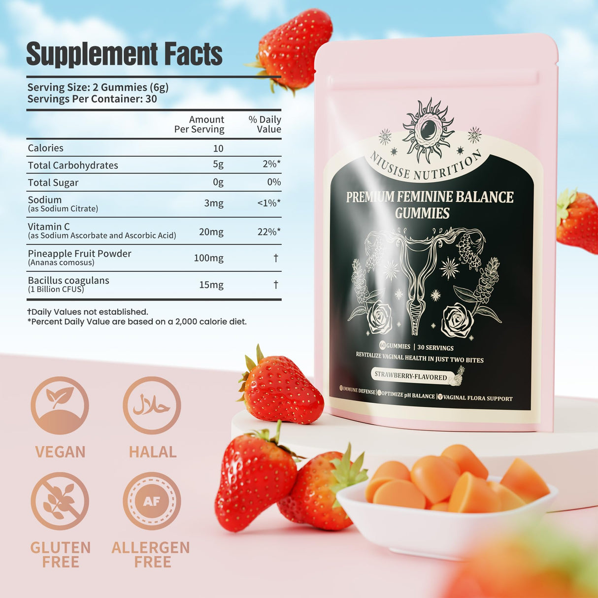 NIUSISE Feminine Balance Gummies, Premium Balance Supplement for Women PH Health, Immune Support, Energy Support, Vegan, Gluten-Free, Strawberry Flavor, 120 Gummies, 60 Servings 2 Pack