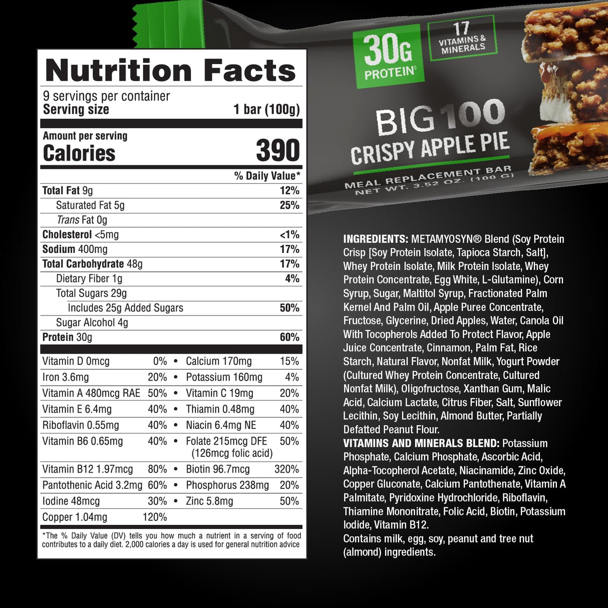 MET-Rx Big 100 Colossal Protein Bars, Crispy Apple Pie Meal Replacement Bars, 9 Count