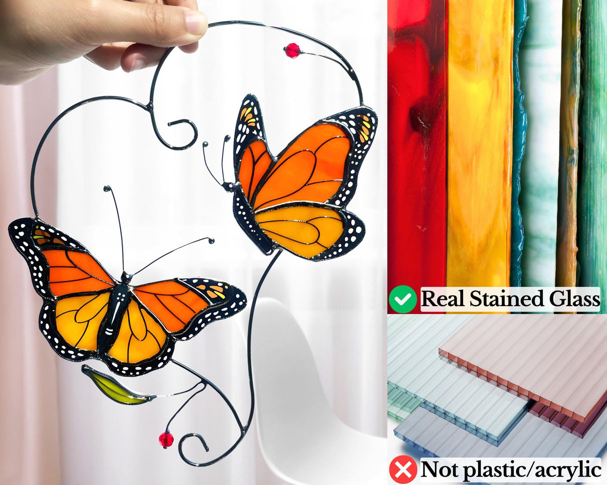 Iricrist Monarch Butterfly Gifts for Grandma & Mom, Butterflies Suncatcher Stained Glass Window Hanging, Real Handmade Sun Catcher Indoor Window, Decorations in Garden Decor, Ornament for Mother