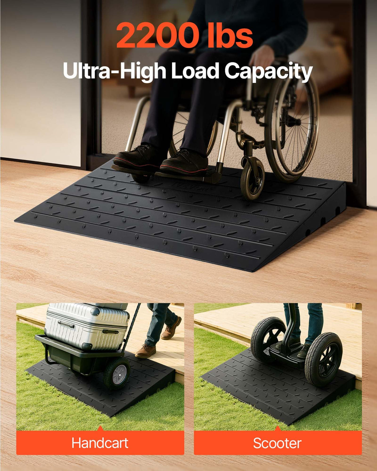 VEVOR Rubber Threshold Ramp for Doorway 2.5" Rise, 3 Channels Cord Cover Curb Ramp, Angled Entry Rated 2200 Lbs Load Capacity Rubber Ramp for Wheelchair and Scooter