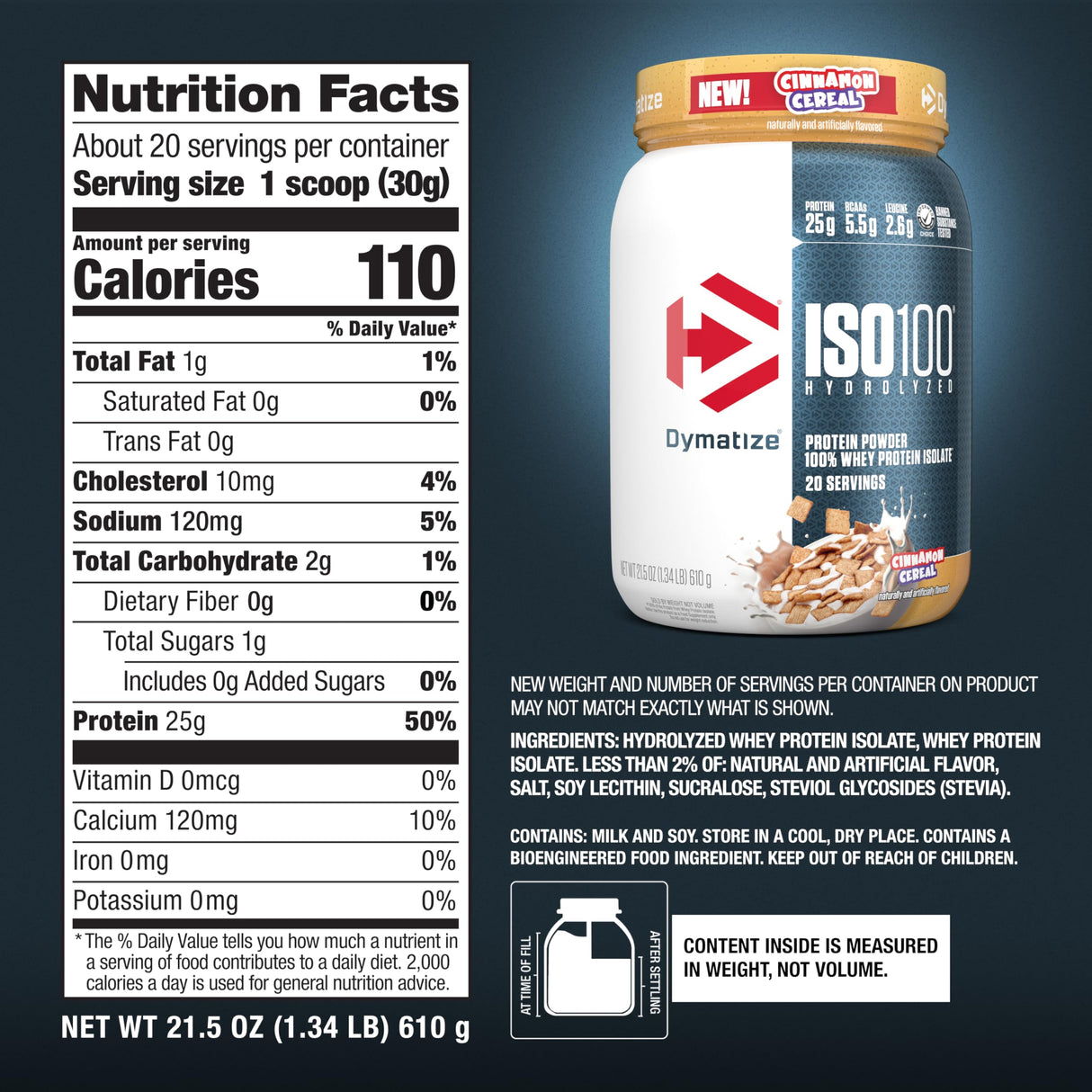 Dymatize ISO100 Whey Protein Powder Isolate, Cinnamon Cereal, 25g of Protein, 20 Servings, 5.5g BCAAs, Less Than 120 Cal., Gluten Free, 1g Fat, 1g Sugar, 2g Carb