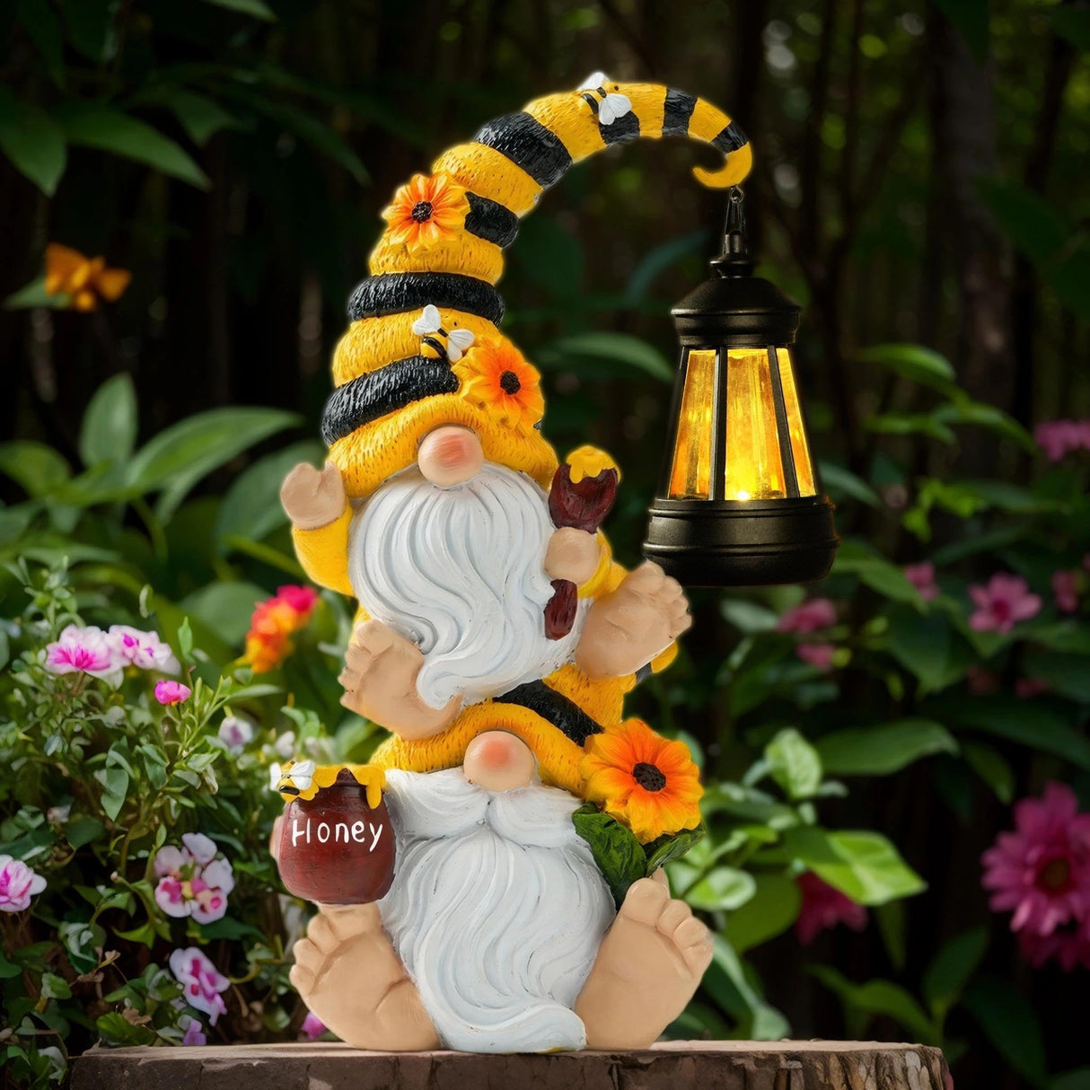 QZZP Solar Bee Garden Gnomes with LED Lantern – Waterproof Stacked Outdoor Decor for Yard, Patio – Unique Gnome Gift for Women, Mom, Grandma (Christmas Decor, Outdoor Statues)