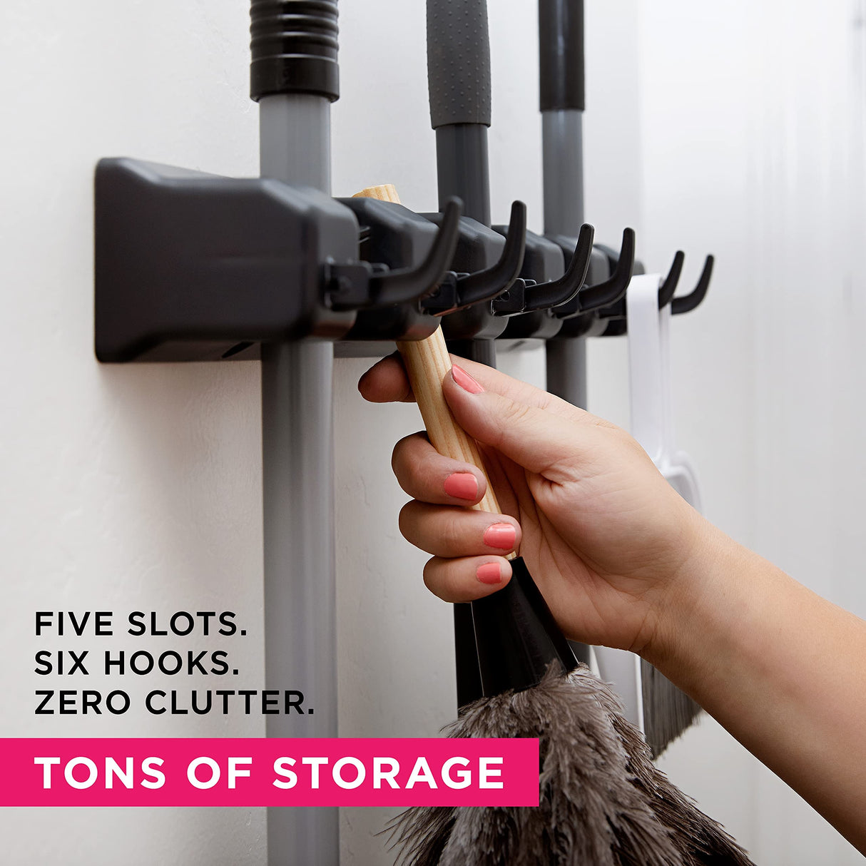 Berry Ave 5 Racks 6 Hooks Mop and Broom Holder Wall Mount, Broom Organizer Storage Tool Rack, Heavy Duty Wall Mount for Brooms and Mops, Utility Closet Garage Kitchen Laundry Organizer
