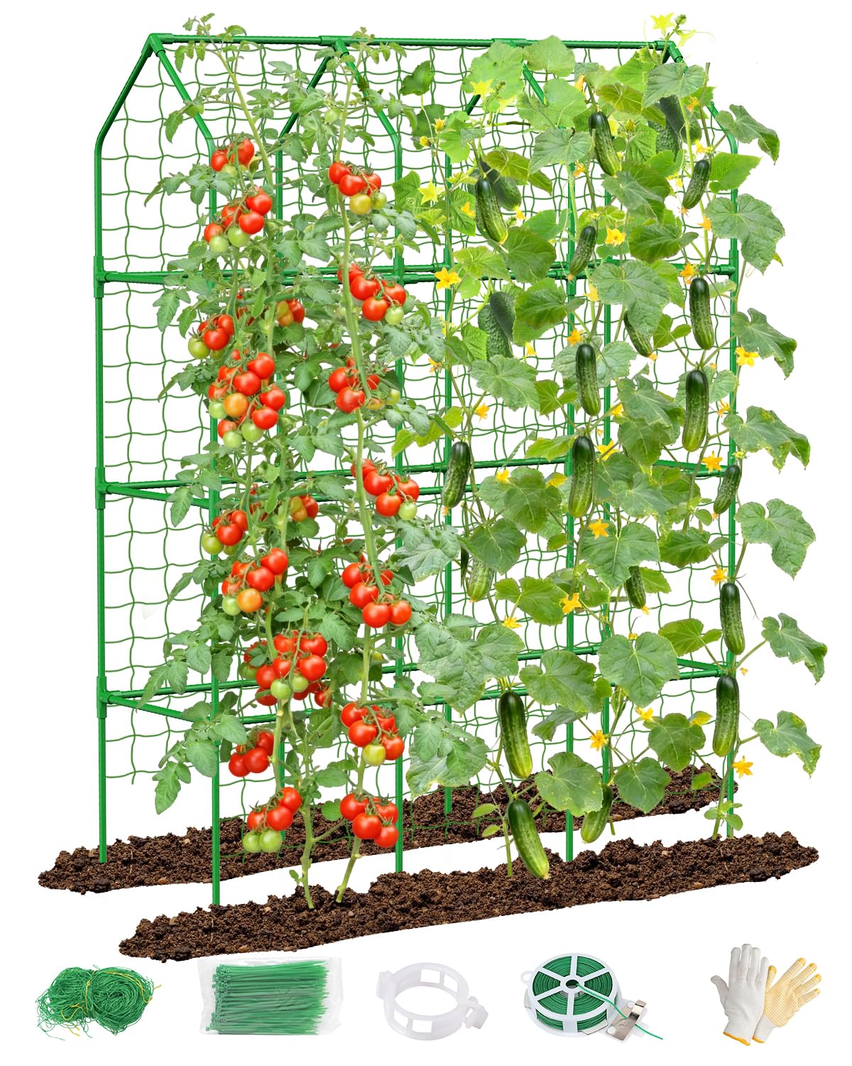 Cucumber Trellis for Climbing Plants Outdoor, A-Shape Garden Trellis for Raised Bed, Metal Plant Trellis with Garden Netting for Flower Vegetables, Pea, Grape ((67 * 17 * 65inch(L*W*H), Trellis)