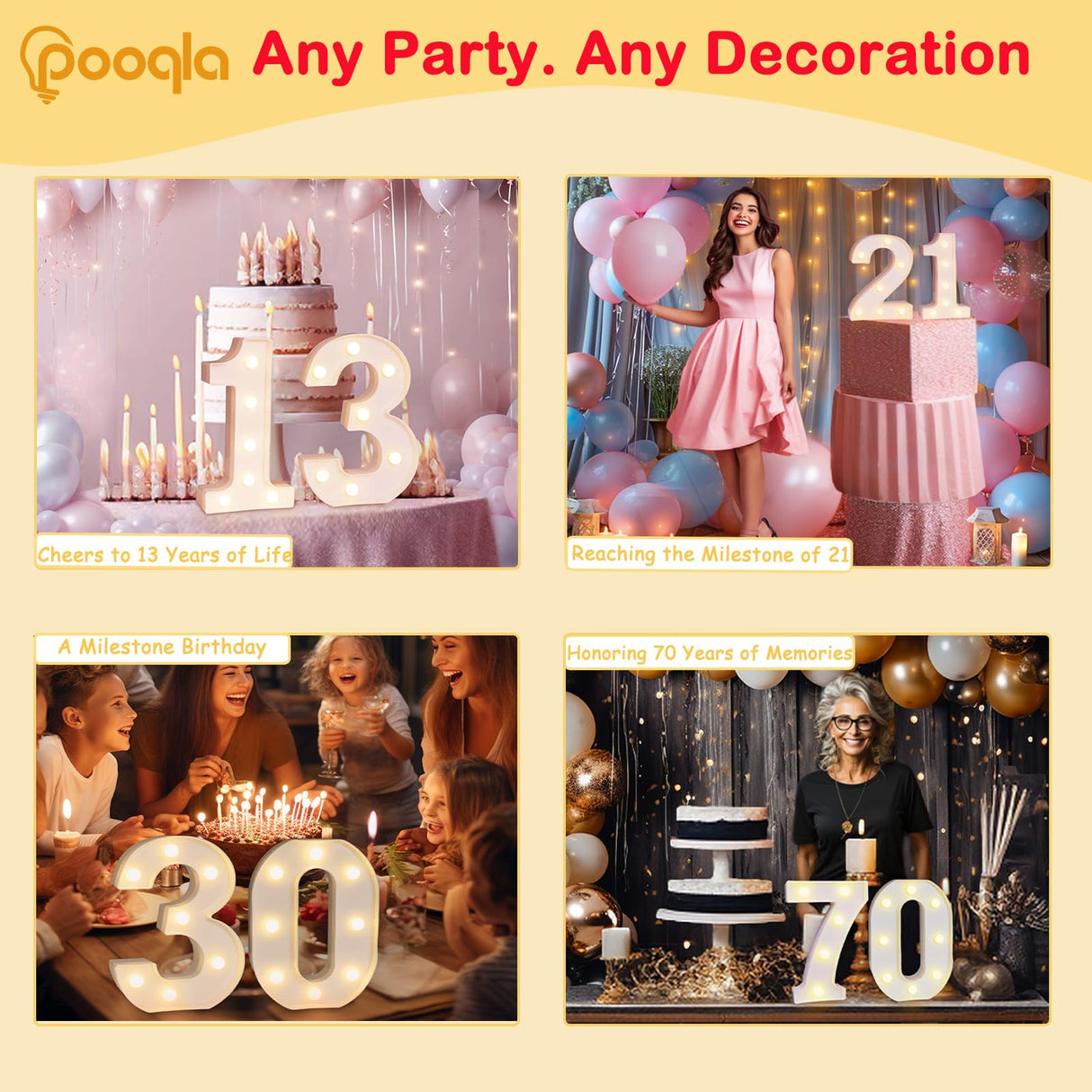 Pooqla Decorative LED Light Up Number Letters, White Plastic Marquee Number Lights Sign for 80th Birthday Party Wedding Decor, Battery Operated (80)