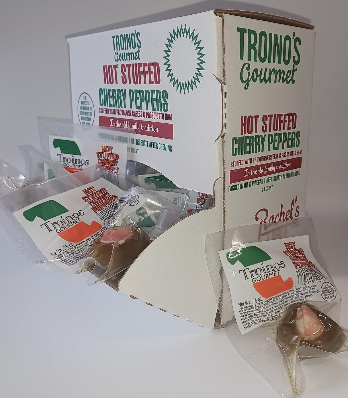 Troino's Gourmet Hot Stuffed Cherry Peppers with Prosciutto & Provolone (24 Individually Wrapped Hot Stuffed Singles in Counter Top Display Box)