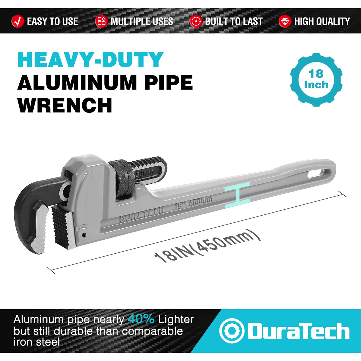 DURATECH 18-inch Heavy Duty Aluminum Straight Pipe Wrench, Adjustable Plumbing Wrench, Drop Forged, Exceed GGG standard