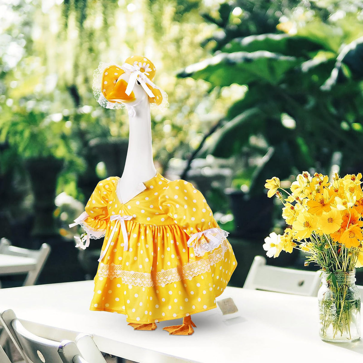 Aliceset Porch Goose Outfit Fancy Goose Clothes Polka Dots Skirt with Hat for 23" Outdoor Patio Summer Spring Decor(Yellow)