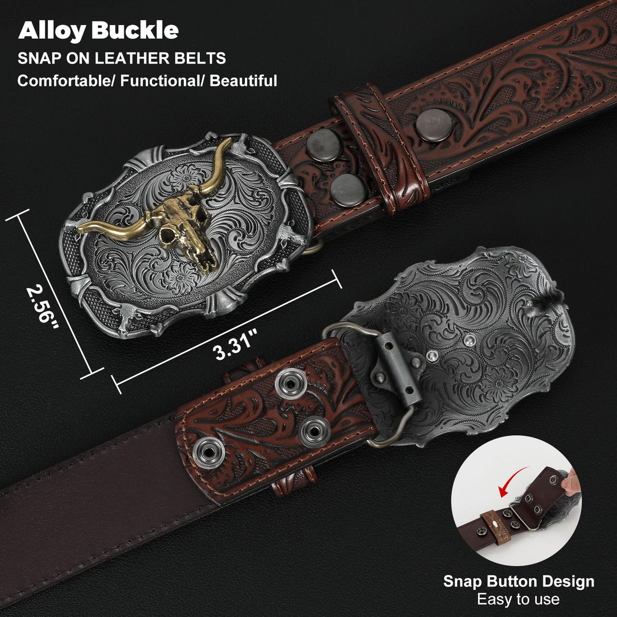 BELTROAD Western Leather Buckle Belt for Men Women Cowboy Cowgirl Leather Mens Belts for Jeans Embossed Men's Birthday Christmas Belts Gifts