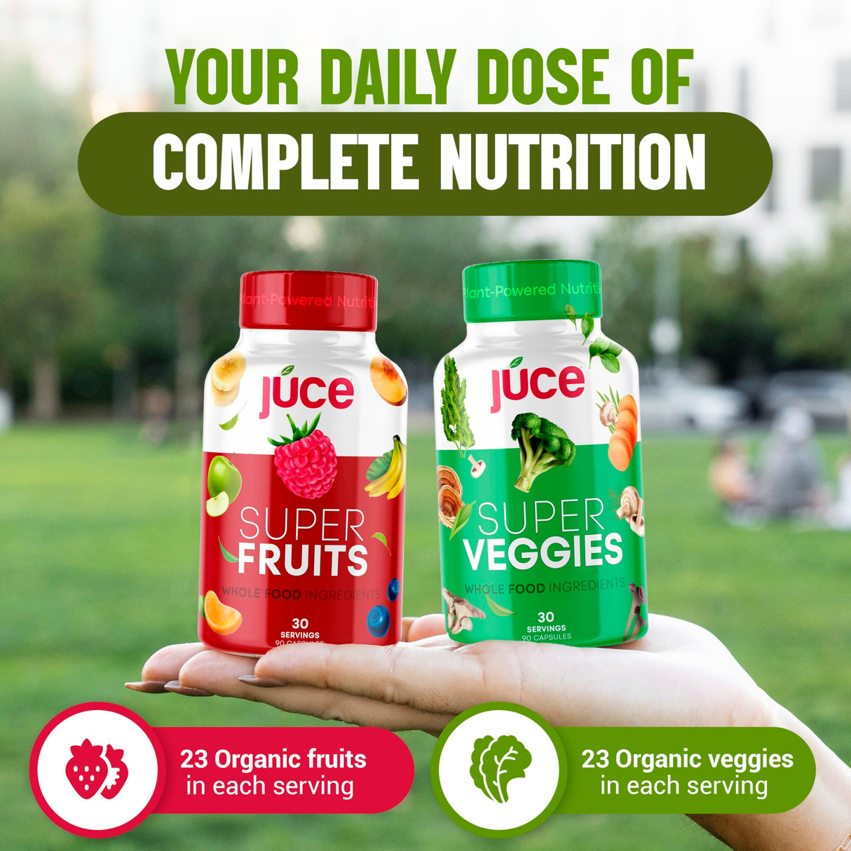 Juce Original Formula - Organic Super Fruit & Veggies Supplement - Gluten/Gelatin Free, Soy Free & Vegan- Reds & Greens Superfood Capsules- 23 Fruits & 23 Vegetables (180 Count)- By Terra Kai Organics