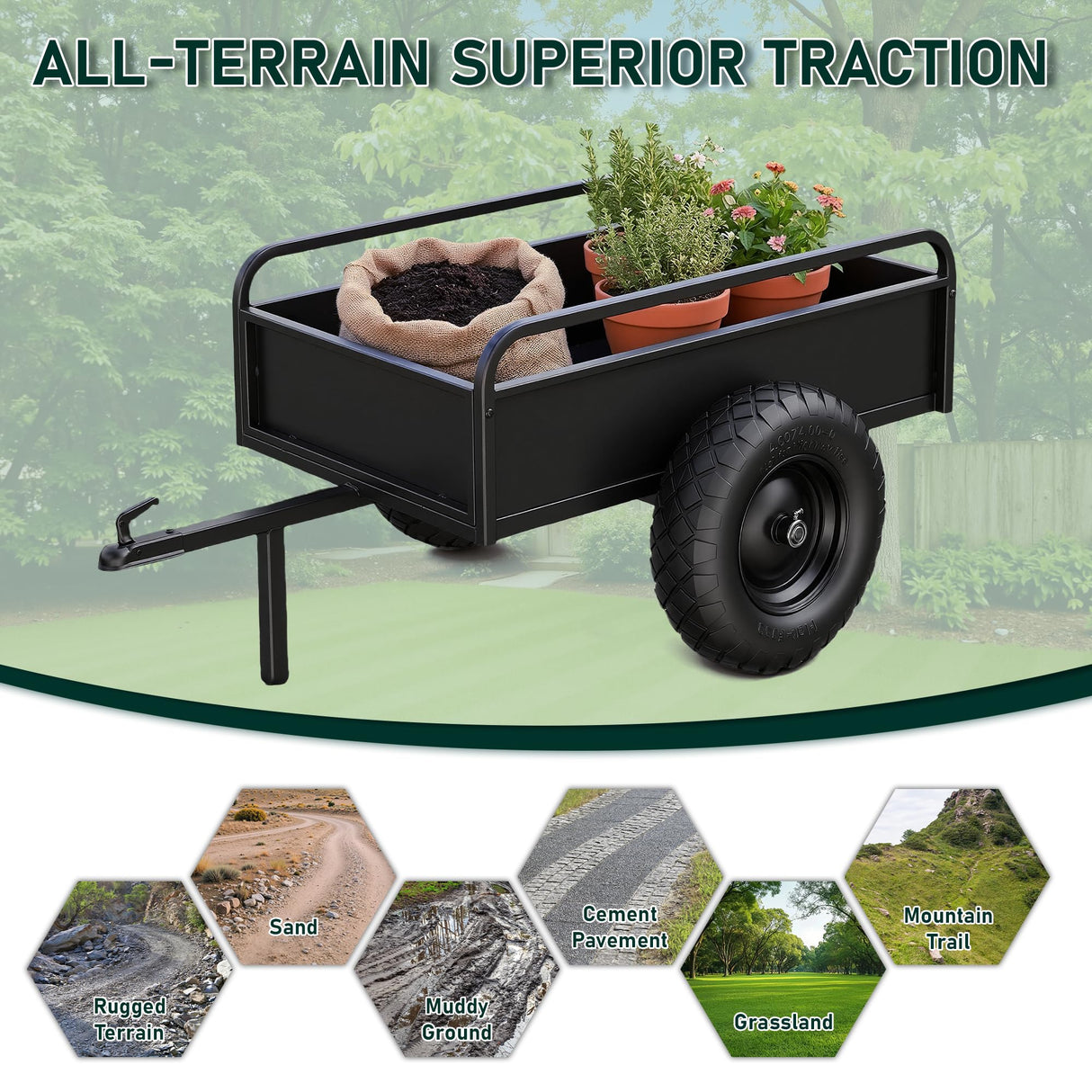 Upgraded 16" Flat Free Wheelbarrow Tire and Wheel, 4.80/4.00-8 Heavy Duty Solid Tire with 5/8" & 3/4" Bearings, 3"-7" Adjustable Hub - Universal for Wheelbarrows, Garden Trailer/Hand Truck - Black