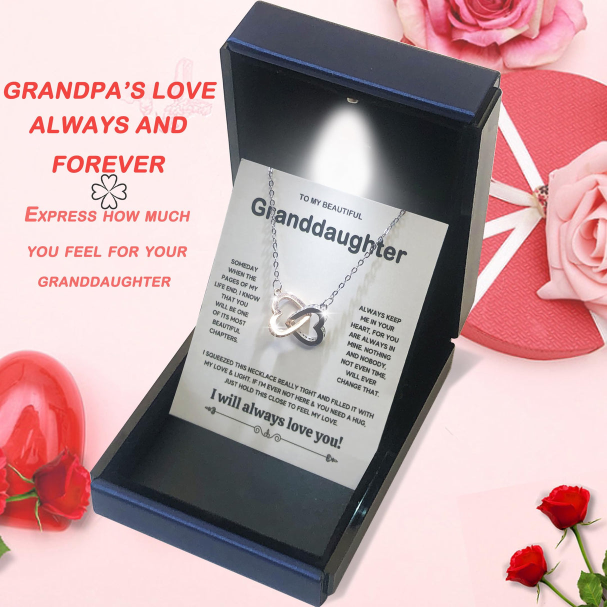 MGOOL Gifts For Granddaughter Necklace From Grandma Grandpa To My Granddaughter Necklace Christmas Graduation Birthday Gifts With Message Card & LED Box (925 sterling silver, 683-Double Heart01)