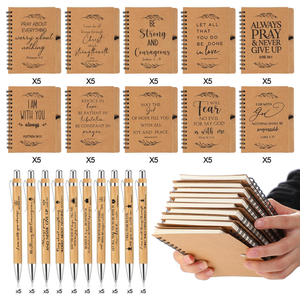 Kosiz 100 Pcs/ 50 Set Christmas Christian Gifts Bulk Include Spiral Notebook and Bible Verse Ballpoint Pen Prayer Journal Religious Notepad Church Gifts for Women Men Sunday School Teacher Pastor