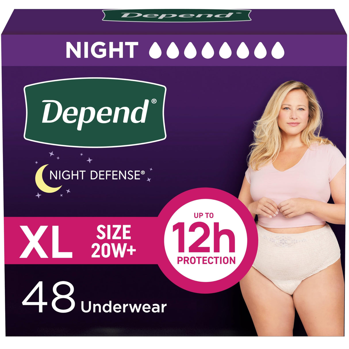 Depend Night Defense Adult Incontinence & Postpartum Bladder Leak Underwear for Women, Disposable, Overnight, Extra-Large, Blush, 48 Count (4 Packs of 12), Packaging May Vary