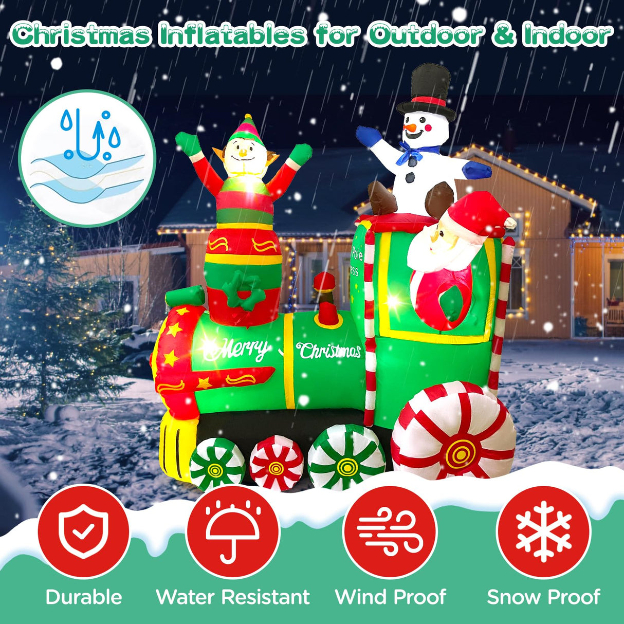 Toiyjofe 6.2FT Christmas Inflatables Train & Santa Claus Outdoor Yard Decortaions Blow-up Christmas Decor with Built-in LED Lights for Garden Lawn Party