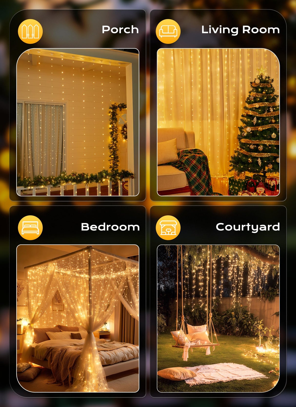 Brightown 2 Pack 300 LED Fairy Curtain Lights, 9.8ft x 9.8ft Warm White Curtain String Lights, USB Plug in 8 Lighting Modes LED Christmas String Hanging Lights with Remote for Bedroom Indoor Outdoor