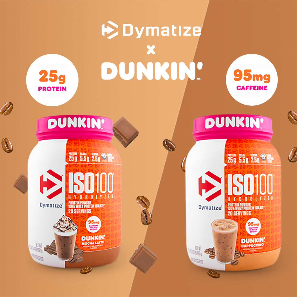 Dymatize x Dunkin' Cappuccino ISO100 Whey Protein Powder, 95mg Caffeine, 25g of Protein, 20 Servings, 5.5g BCAAs, 120 Cal., Gluten Free, 1g Fat, 1g Sugar, 2g Carb