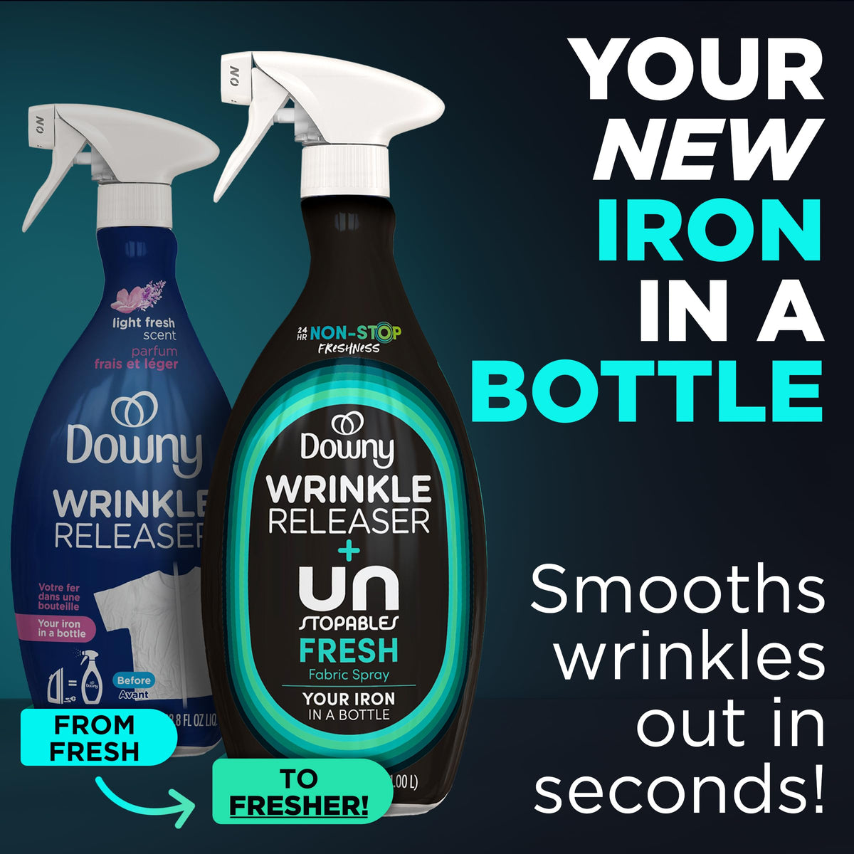 Downy Wrinkle Releaser Spray, All In One Wrinkle Release Spray, Odor Eliminator, Static Remover, Fabric Refresher & Ironing Aid for Clothes, 33.8 Fl Oz (Pack of 2), Unstopables Fresh Scent
