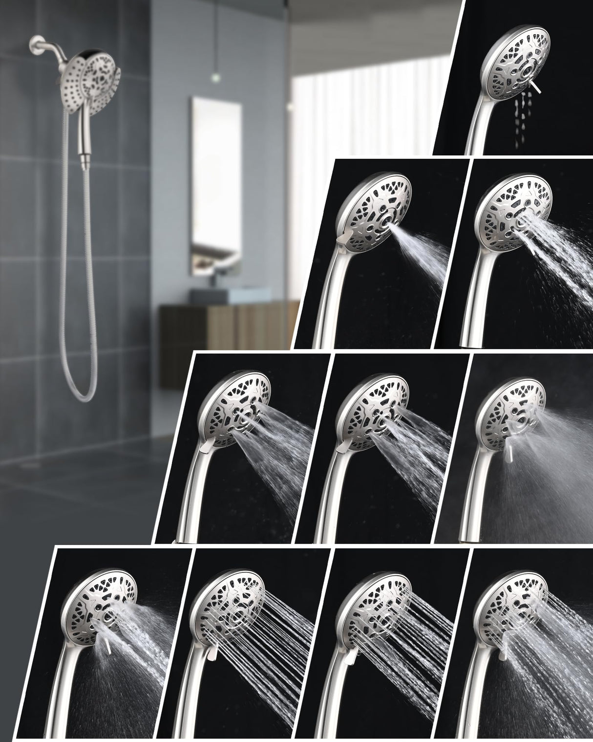 INAVAMZ Shower Heads with Handheld Spray Combo: 7.2" Rainfall Shower Head & Handheld Shower Head 2-IN-1 Shower Head with 60" Rotatable Stainless Steel Hose Nickel, Shower Trim Systems