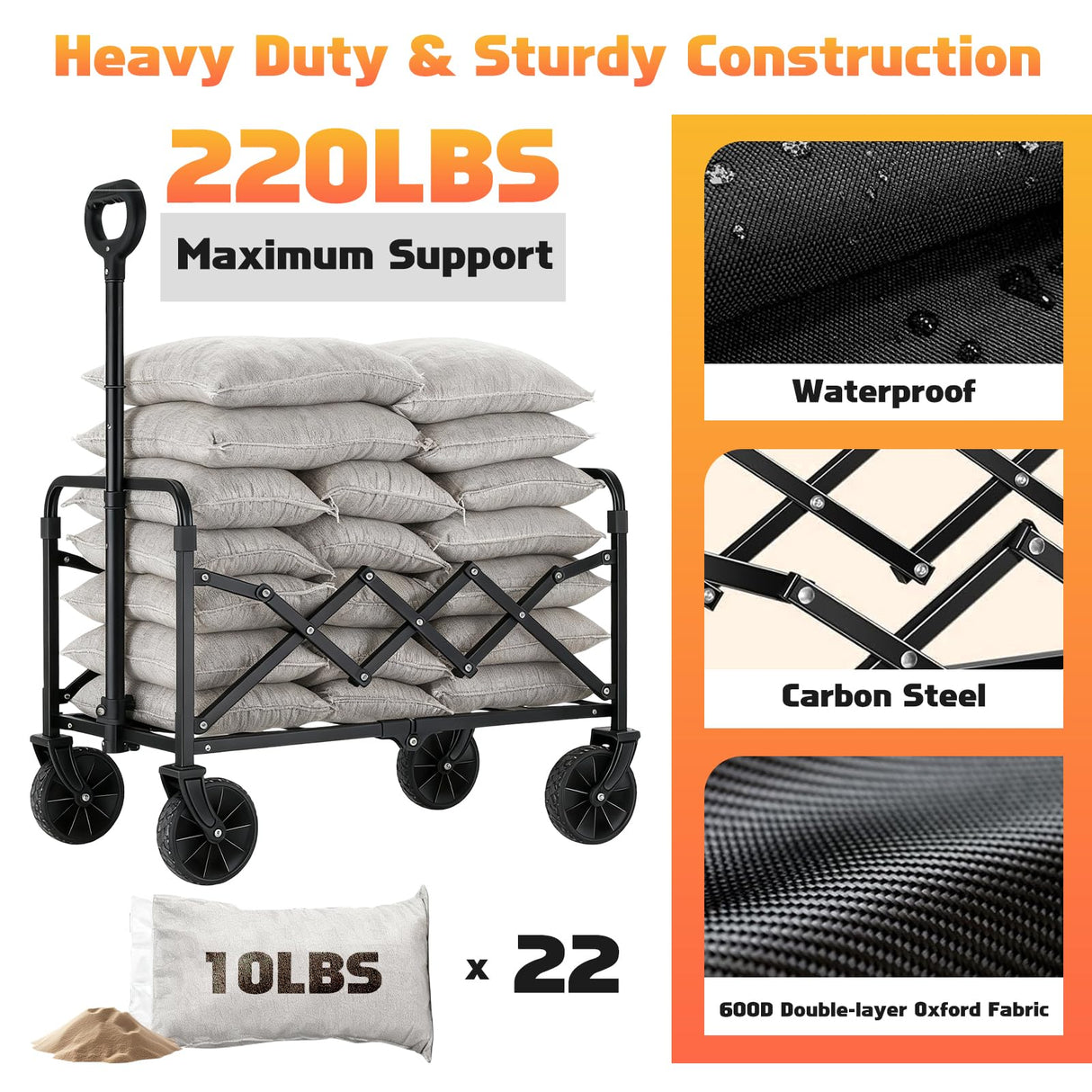220LBS Small Collapsible Foldable Wagon Carts Portable with 2 Drink Holders
