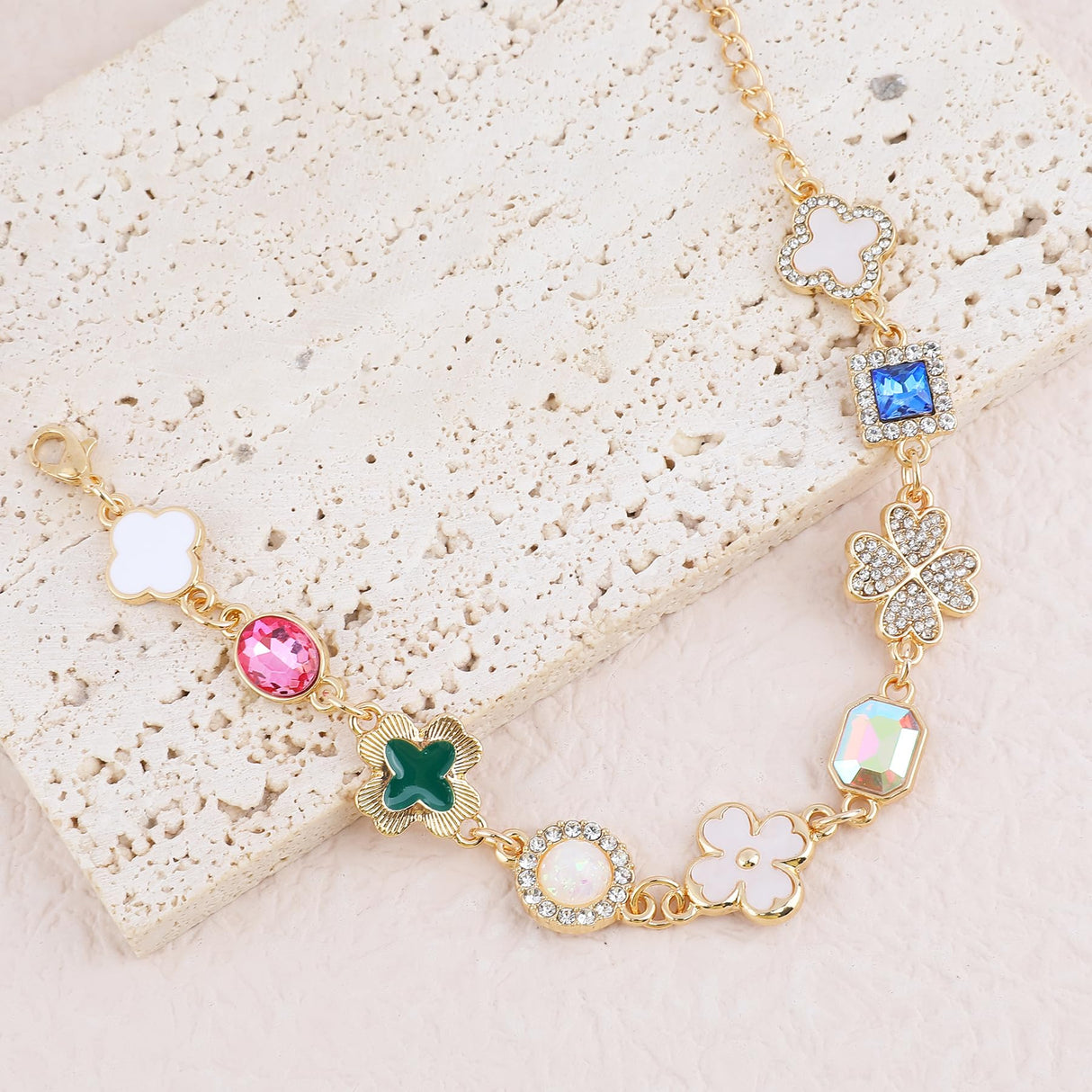 Gold Clover Charm Link Bracelet for Women Cute Colorful Geometric Diamond Mother of Pearl Lucky Four Leaf Clover Bracelet Enamel Crystal Rhinestone Statement Bracelet Adjustable Party Jewelry Gift