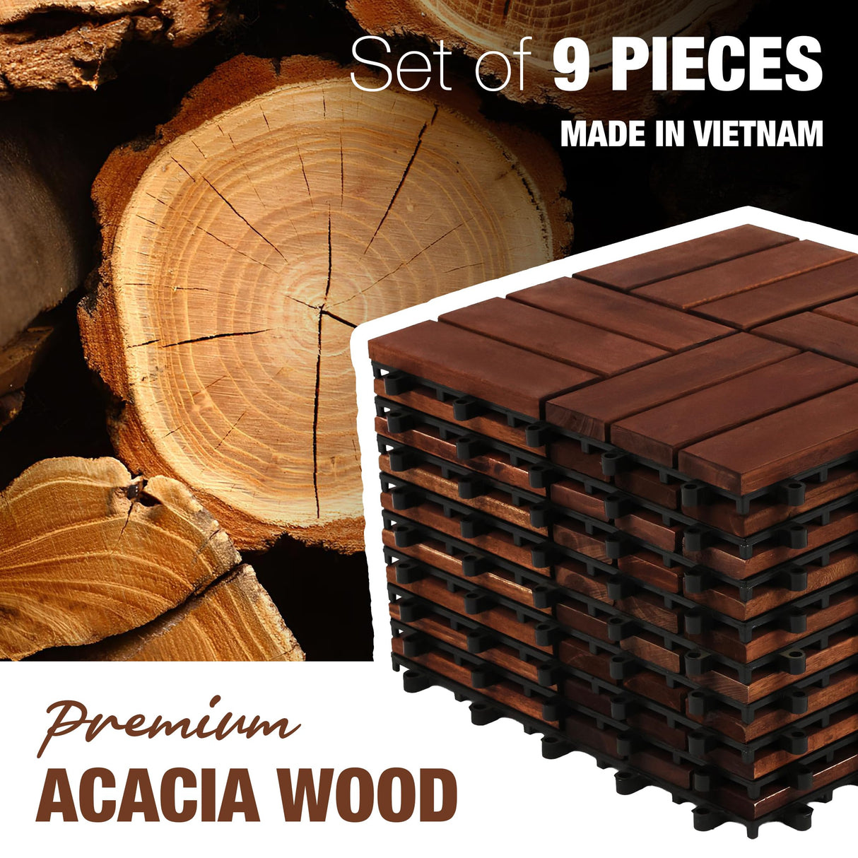 GREEN ALLUVIUM Premium Acacia Wood Interlocking Deck Tiles, 9 PCS 12"x12"x0.9" Patio Flooring, Waterproof Decking Tiles for Balcony, Backyard & Patio, All Weather Use (Dark Brown – Crossed Pattern)