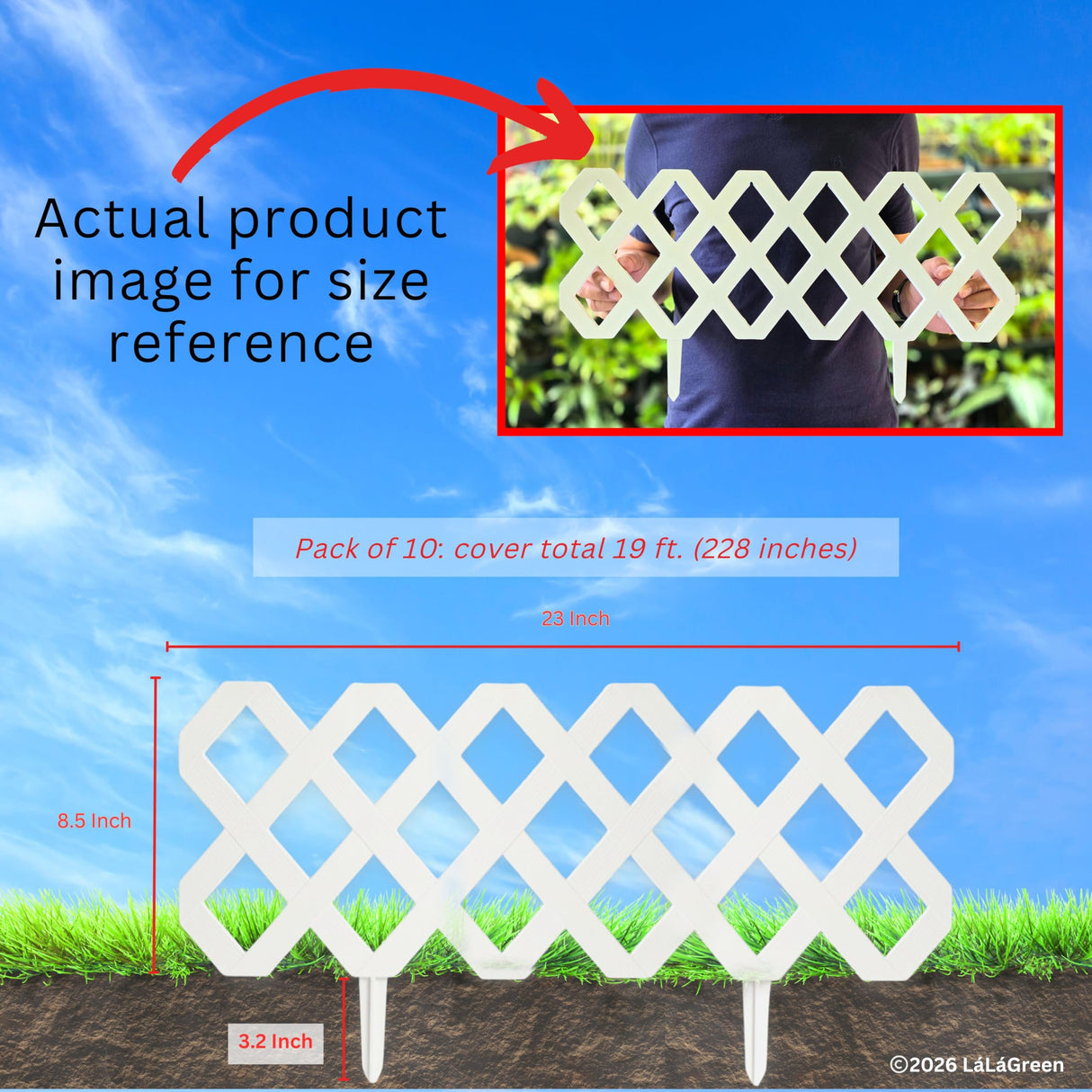 LaLaGreen Garden Edging Border (23x8.5in, 10 Pack) White Plastic Fence