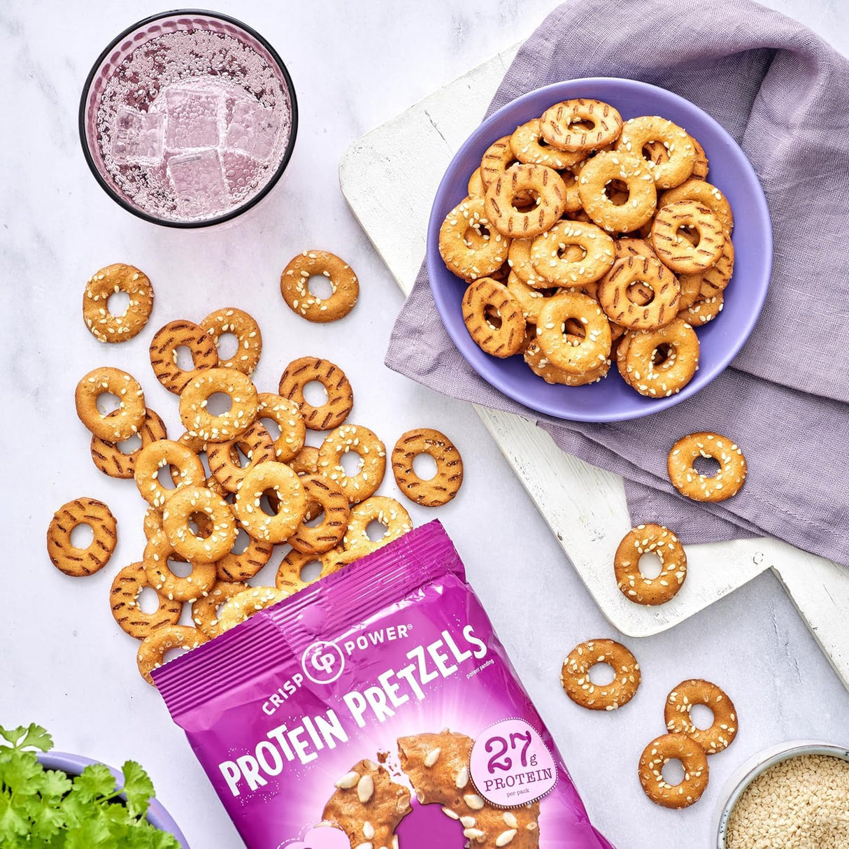 Crisp Power Protein Pretzels, Sesame, High Protein Vegan Keto Snack, 27 G Plant Based Protein, Low Carb Crunchy Pretzel Snacks, Sugar Free, No Seed Oils, 1.75 oz Bags, 24 Pack