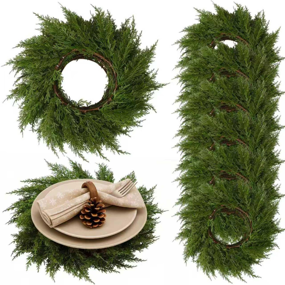 Gandeer Christmas Placemats Set of 6 Round Greenery Place Mats Xmas Circular Artificial Wreath Dining Table Decor Winter Fake Plants Branches Mats for Kitchen Accessories(Cedar)