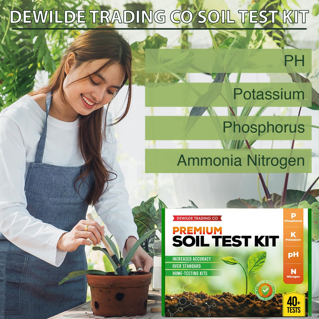 Premium Soil Test Kit: 40 Complete Tests for Lawns, Gardens, and Vegetables. Tests for Ammonia Nitrogen, pH, Phosphorus, and Potassium.