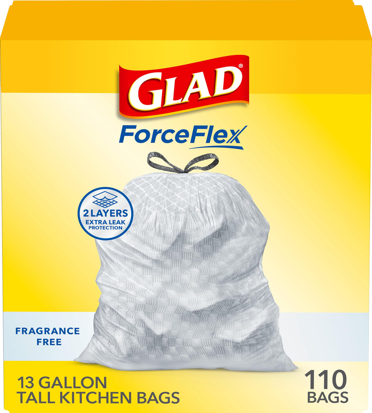 Glad Tall Kitchen Trash Bags 13 Gallon, Fragrance Free Garbage Bags, Odorshield with Drawstring, 110 Count