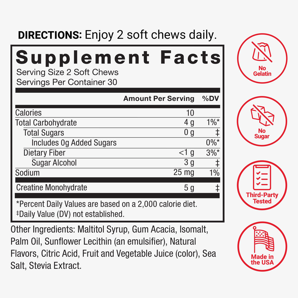 FORCE FACTOR Legendary Creatine Chews, 5g Creatine Monohydrate, Build Muscle, Improve Strength & Recovery, Support Memory & Cognitive Function, Sugar Free, Berry Blast, 60 Soft Chews