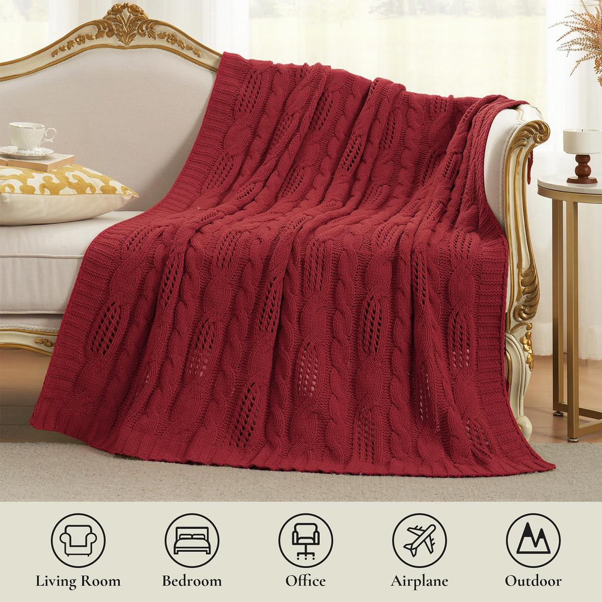 Amélie Home Chunky Knit Throw Blanket, Dual-Sided Soft Chenille Breathable Cable Knitted Blanket for Couch, Farmhouse Decorative Throw for Sofa & Chair, 50"x60", Christmas Red