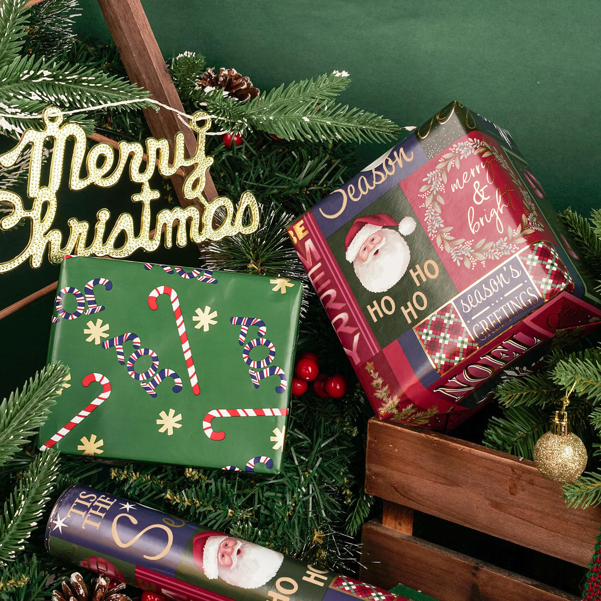 RUSPEPA 30" X 32.8' Reversible Christmas Wrapping Paper Large Paper Roll, Jumbo Roll, Santa Claus, Snowman and Candy Cane Design Gift Wrap for Kids, Friends, Family, Xmas Holiday Gifts