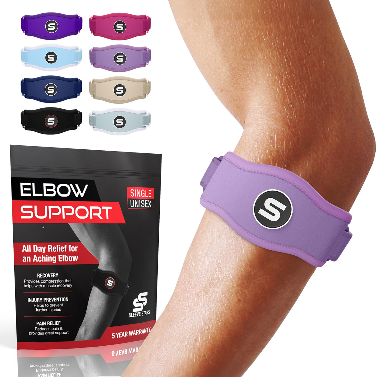 Sleeve Stars Tennis Elbow Brace for Men & Women, Tendonitis Elbow Brace & Strap Golfers Elbow Brace Counterforce Band for Tendon Pain Relief & Support for Forearm w/ 3 Straps Fits 9-23" (Single) (1, Light Purple, One Size)