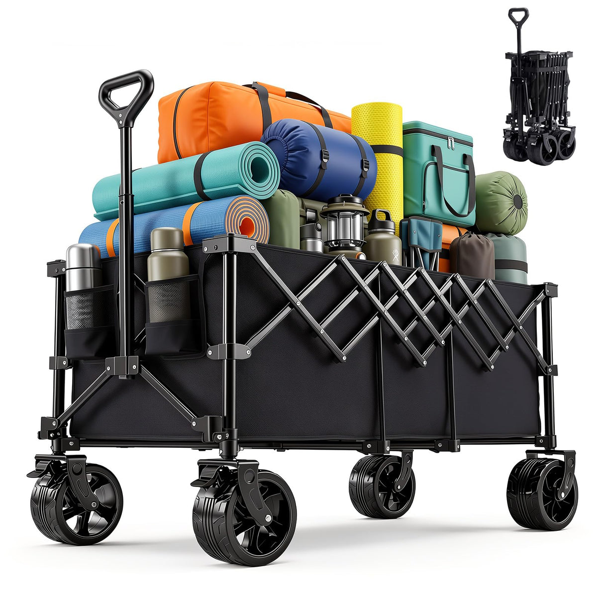 OLIXIS 49"L Collapsible Wagon 440lbs, Folding Wagon Cart with Wheels, Black