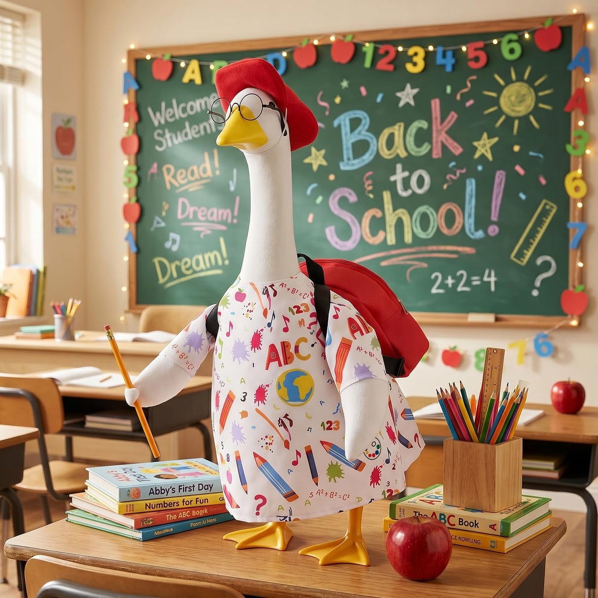 Hodola Back to School Porch Goose Outfits with Student Glasses & Backpack - Fits 23" Plastic Goose Statue - Goose Clothes for Class, Lawn, Yard, Garden Decor