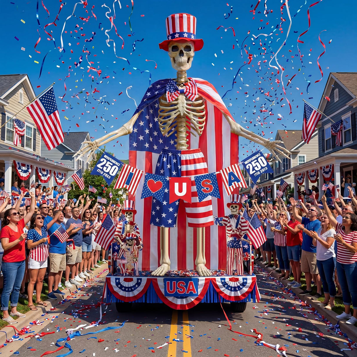 FODAHRWS 5Pcs 4th of July 12 Ft Patriotic Skeleton Clothes Set with Independence Day Hat Cape Shorts Bow Tie Banner Giant Skeleton Outfit for 250th Anniversary Celebration Yard Lawn Garden Decor