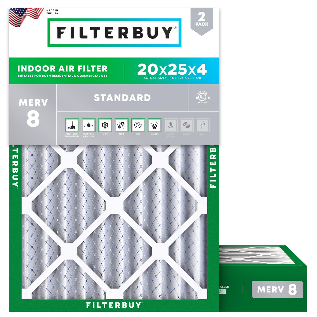 Filterbuy 20x25x4 Air Filter MERV 8 Essential Dust & Allergy Defense (2-Pack), Electrostatic Pleated HVAC AC Furnace Filters Replacement (Actual Size: 19.50 x 24.50 x 3.63)