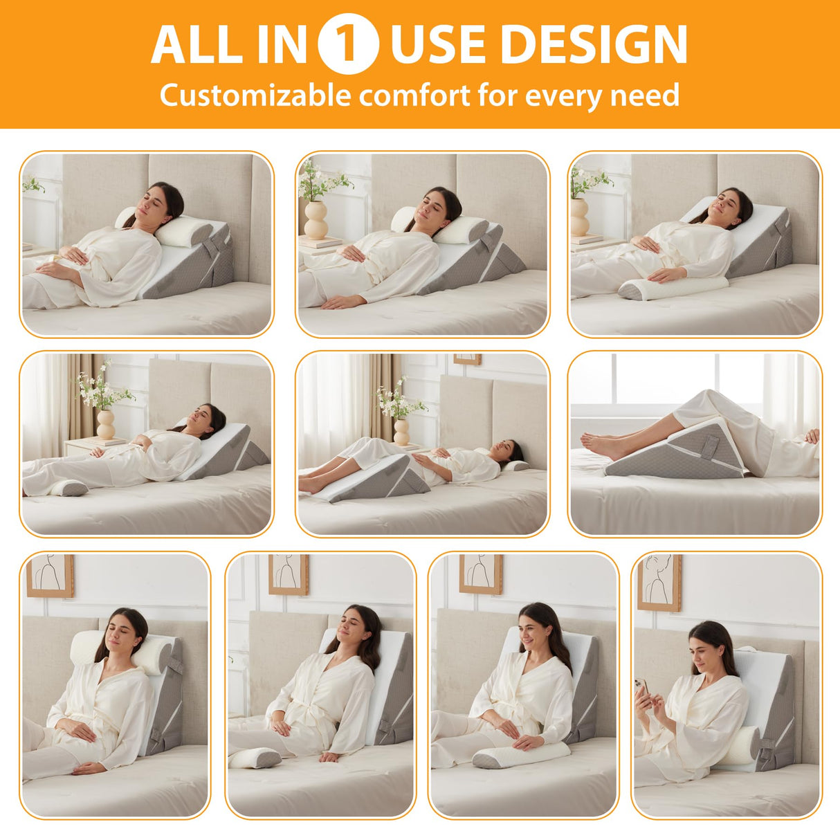 Ruqmuis 3PCS Wedge Pillow Set for After Surgery, Wedge Pillow Headboard, Adjustable 9&12 Inch Sleeping Wedge, Acid Reflux, Orthopedic Pillow Wedge for Back Pain Relief, Gerd, White/Grey