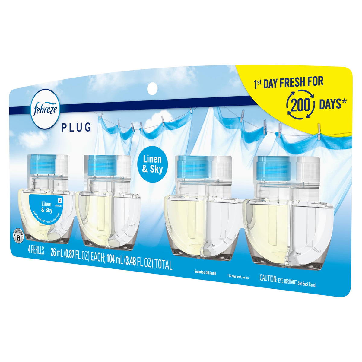 Febreze Plug in Air Freshener, Odor-Fighting Scented Oil Refill, Air Fresheners for Home and Bathroom and Kitchen, Long Lasting for Strong Odors, Linen & Sky Scent, 0.87oz Refills, 4 Count