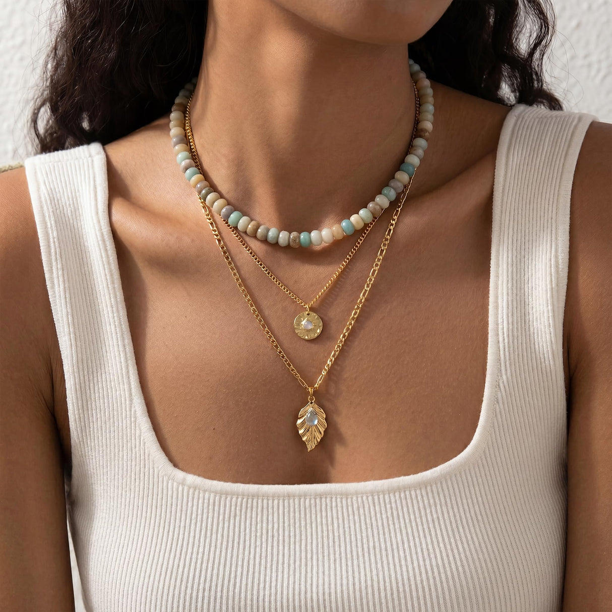 ROISE LADY Amazonite Natural Stone Beaded Necklaces for Women Boho Gemstone Bead Choker Summer Beach Vacation statement Trendy Charm Necklace