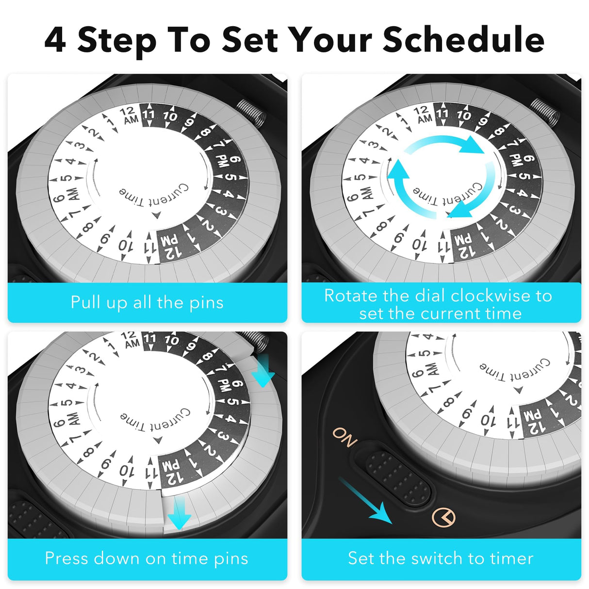 HBN Outdoor Timer Outlet Waterproof, 24 Hour Mechanical Light Timers for Electrical Outlets Outdoor Weatherproof, 2 Grounded Outlets for Christmas Lights, Pool Pump, 15A 1/2HP
