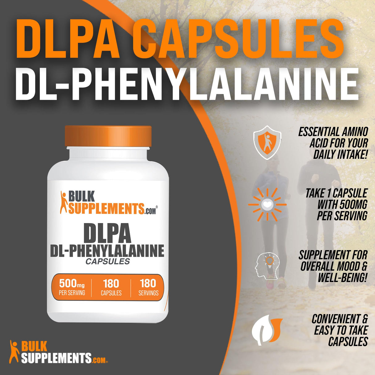 BulkSupplements.com DL-Phenylalanine Capsules - DLPA Capsules, DL-Phenylalanine 500mg - DLPA Supplements, Amino Acid Supplement - Gluten Free, 1 Capsule per Serving, 180 Capsules