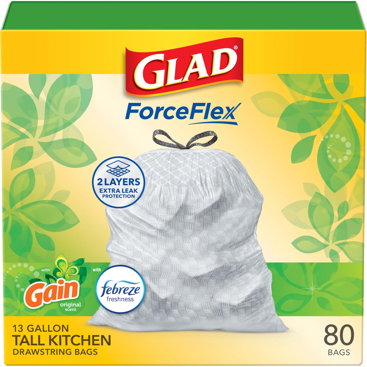 Glad Tall Kitchen Trash Bags 13 Gallon, Gain Original Garbage Bags, Odorshield with Drawstring, 80 Count