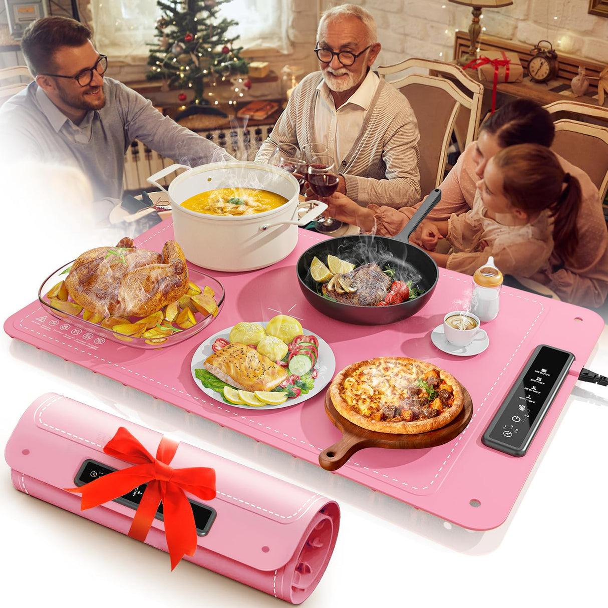 Food Warming Mat for Buffet,Electric Warming Tray with 4 Temperatures Setings and 1/3/5h Timer,Full Surface Heating Food Warmers for Parties Buffets Holidays Daily Use to Keep Food Warm(Pink)