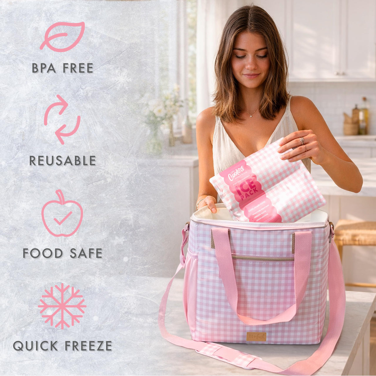 Cool Coolers by Fit & Fresh Reusable Ice Packs for Coolers – Large Long-Lasting Freezer Packs, Puncture Resistant BPA-Free Gel Ice Packs for Coolers, Lunch Boxes, Camping & Picnic, 2PK, Pink Gingham
