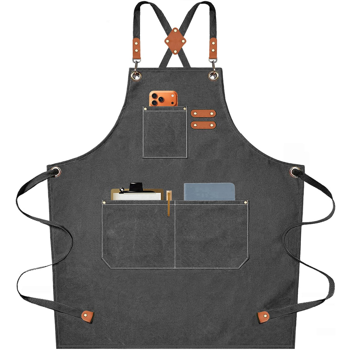 AFUN Chef Aprons for Men Women with Oversized Pockets, 16-Ounce Cotton Canvas Cross Back Heavy Duty Work Apron (Grey)
