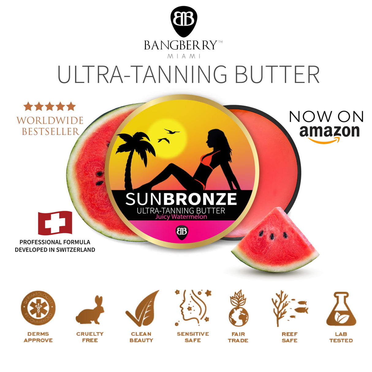 BANGBERRY Original Sun Bronze Ultra Tanning Butter - Juicy Watermelon, Use in the sun outdoor or tanning bed Better than tanning oil Tan faster with premium natural ingredients Safe for Sensitive Skin